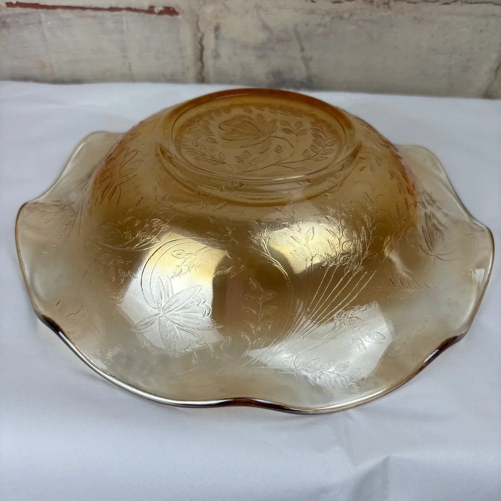Vintage Amber Carnival Glass‎ Bowl — Raised Floral Pressed Pattern Scrolled Edge